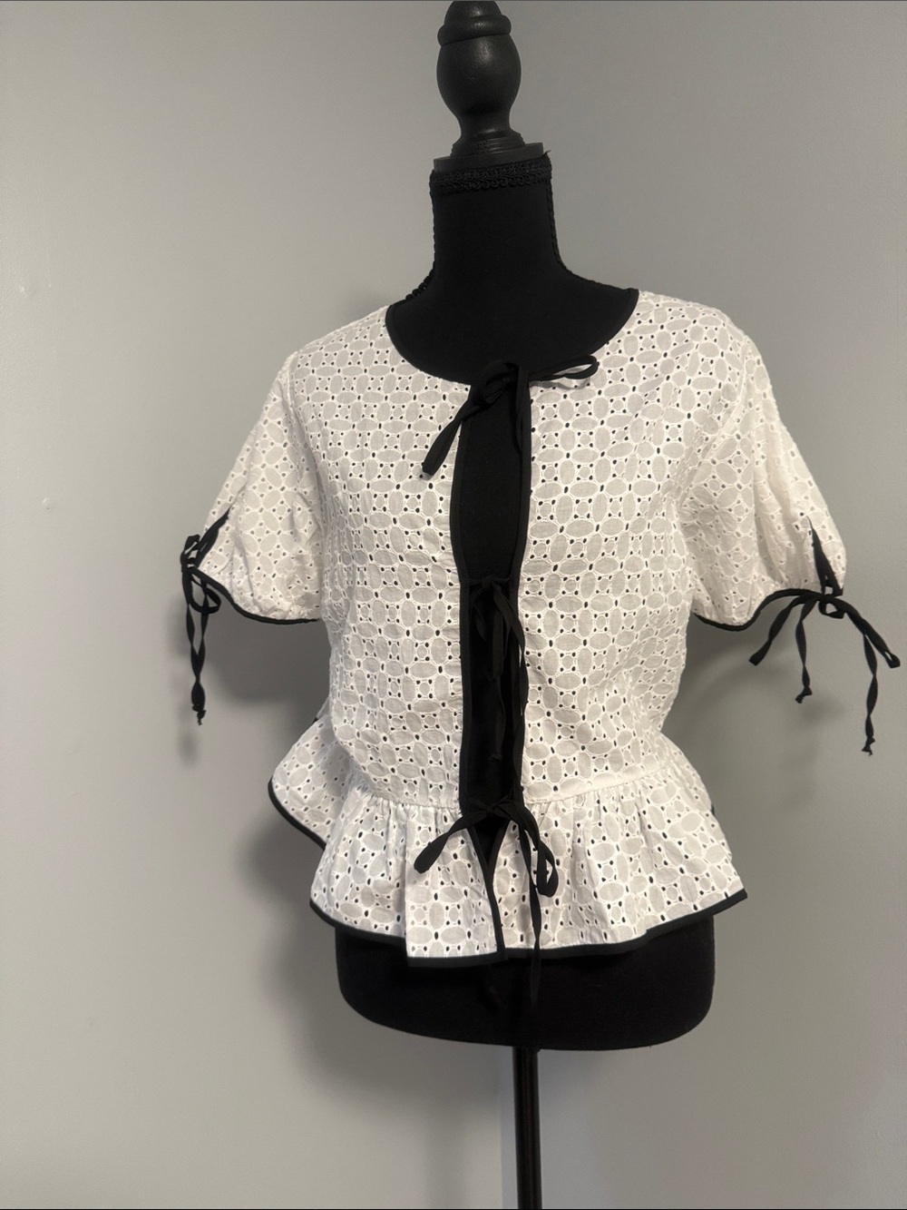 Julia White Eyelet Peplum Tie-Front Blouse with Black Trim